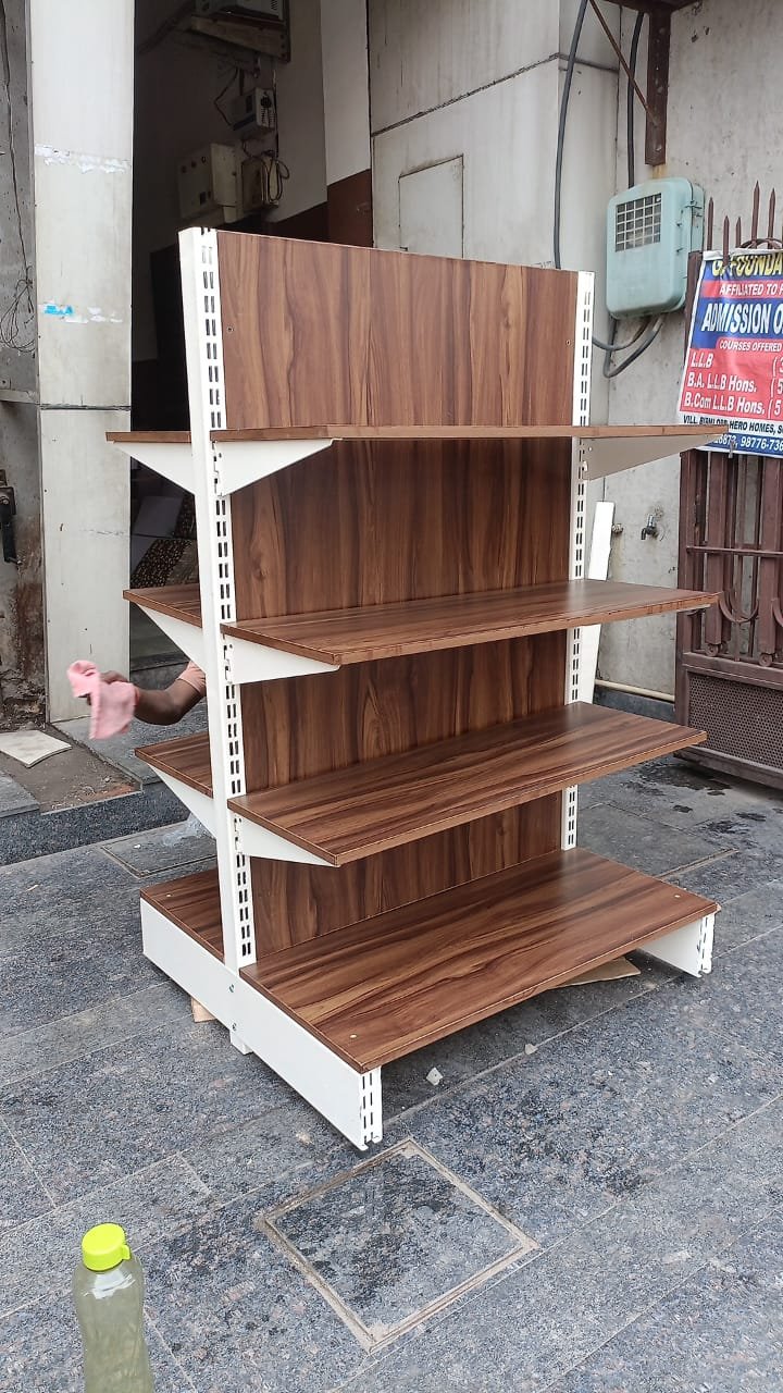 gondola racks with wodden shelves